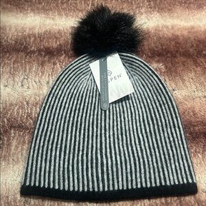 Aspen 100% 2 Ply Cashmere Hat with Faux Fur Pom Black Grey